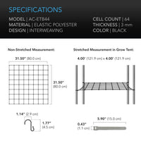 GROW TENT TRELLIS NETTING, FLEXIBLE ELASTIC CORDS, 4X4’