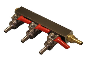 3-WAY GAS MANIFOLD WITH 1/4" INLET AND OUTLET BARBS