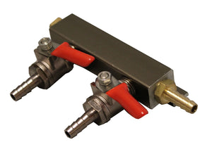 2-way gas manifold with 1/4" inlet and outlet barbs